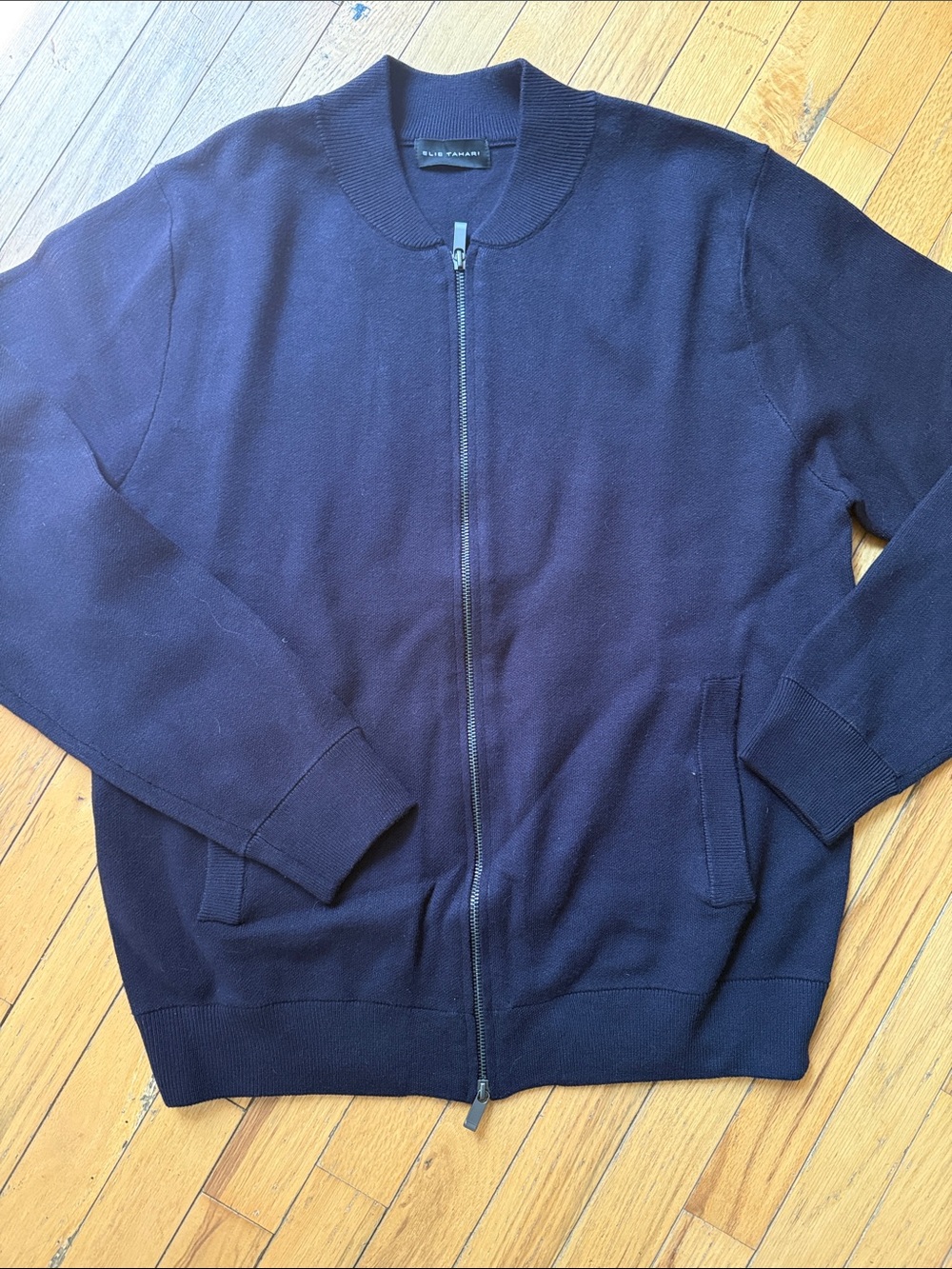 Elie Tahari Men's Dark Navy Full-Zip Rib Collar Sweater